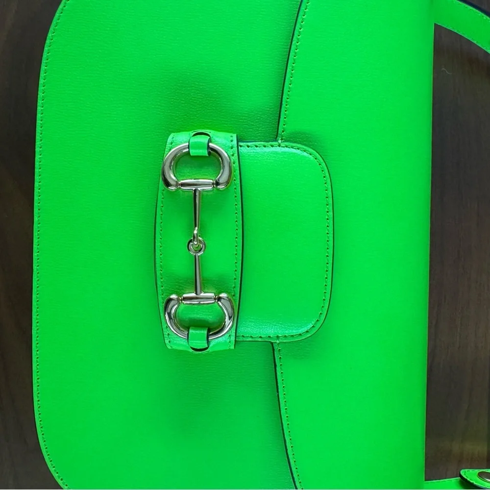 Gucci Horsebit 1955 Shoulder Bag Purse Neon Green Leather NWT Pristine Rare